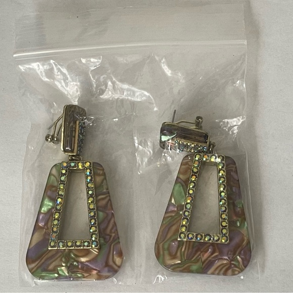 Heidi Daus abalone shell print plastic, Swarovski crystal pierced earrings